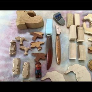 Wood carving kit for beginners. Knives, figurines
